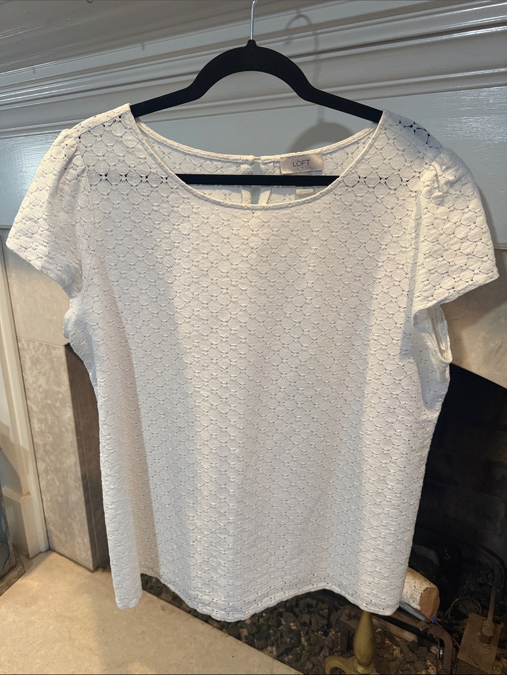 LOFT White Eyelet Short Sleeve Blouse With Sparkle Size XL
